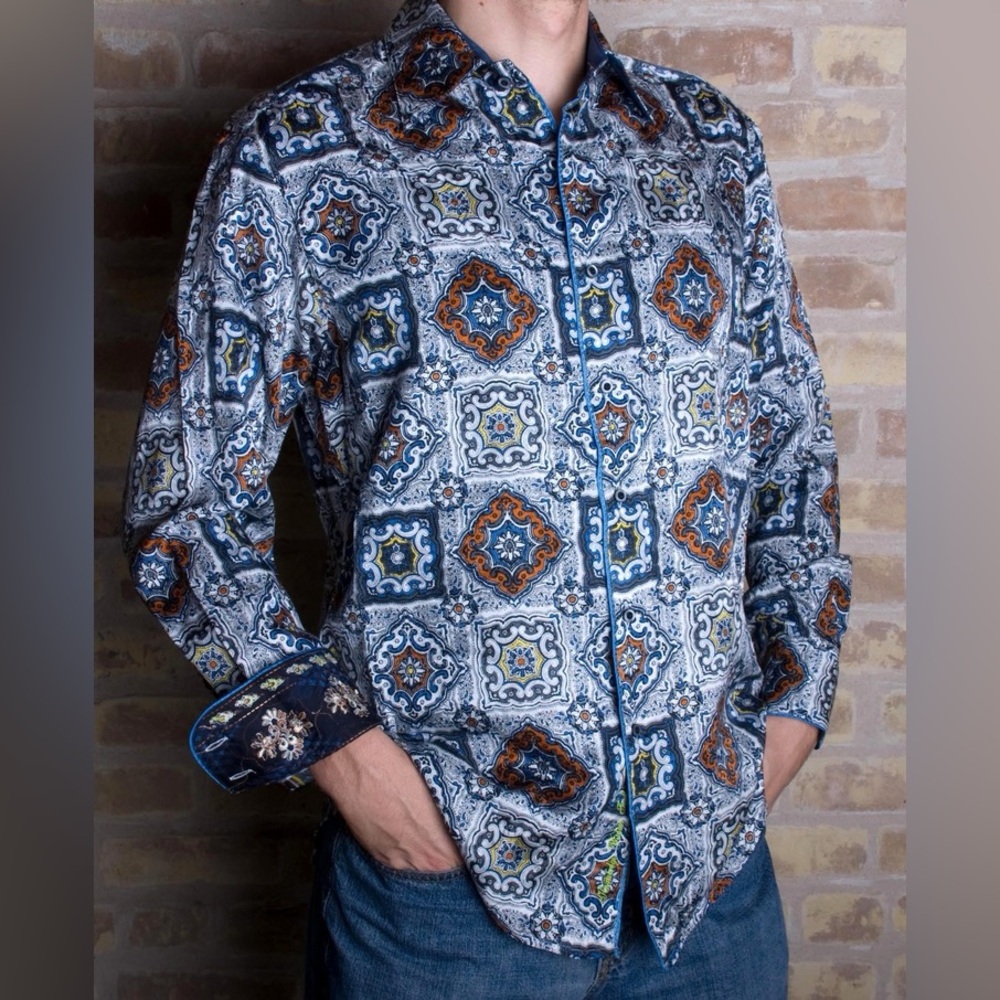 SILK ROAD Men's Boho Style Psychadelic Silk Blend Button Down Dress Shirt Size L